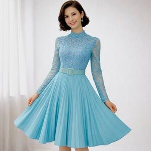 Vintage 60s 70s Tea Dress Crochet Overlay Long Sleeve Pleats Blue~XS~B32 W24 EUC